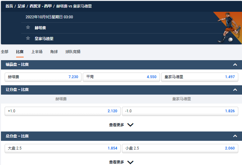 来自平博的赔率和盘口,赫塔费 vs 皇家马德里