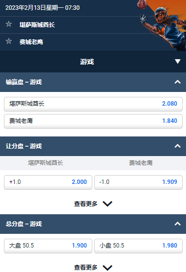 超级碗2023的赔率,数据来自于平博