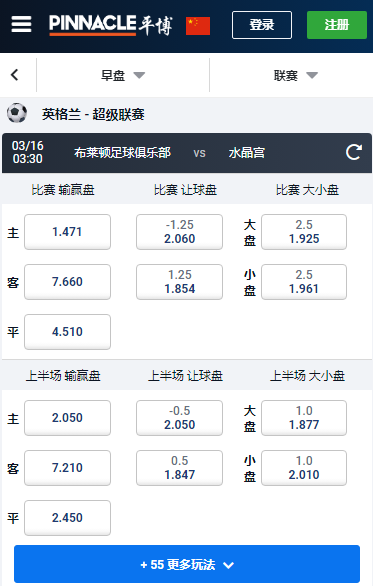 平博,英超,布莱顿-水晶宫,赔率和盘口