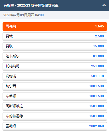 2022-23赛季英超联赛冠军赔率,平博pinnacle