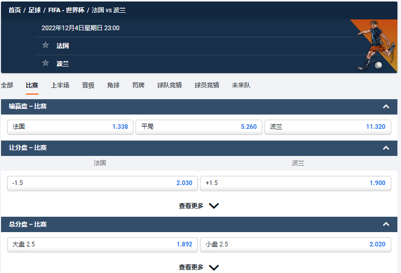 法国 vs 波兰，上图的赔率和盘口数据来自于平博