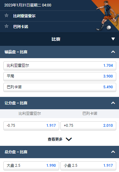 比利亚雷亚尔 对阵 巴列卡诺,平博的西甲赔率和盘口
