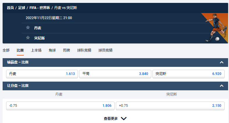 丹麦 vs 突尼斯,2022年11月22日星期二 21:00,来自平博pinnacle的盘口和赔率