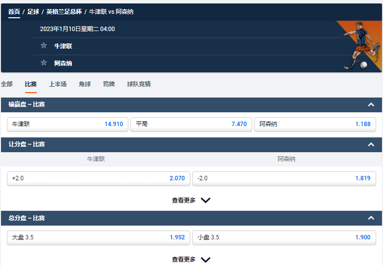 牛津联 vs 阿森纳，平博的英格兰足总杯盘口和赔率