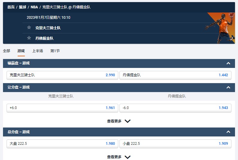 克里夫兰骑士队 @ 丹佛掘金队，平博给出的NBA盘口和赔率数据