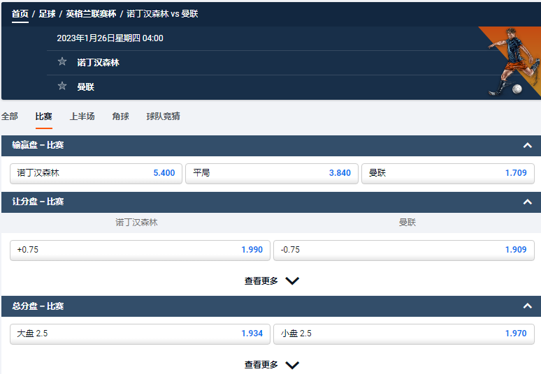 诺丁汉森林 vs 曼联,平博的英国联赛杯赔率和盘口