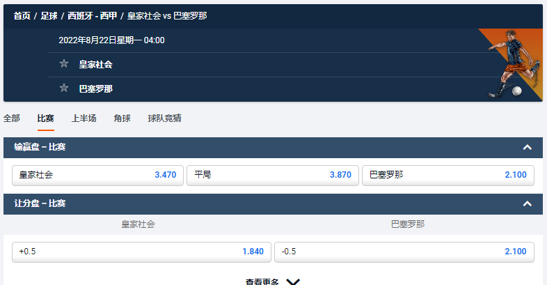 皇家社会 vs 巴塞罗那,来自平博的盘口和赔率