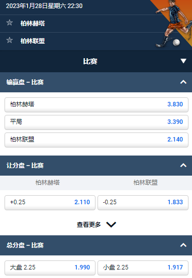 柏林赫塔 vs 柏林联盟,平博给出的德甲-柏林德比盘口和赔率