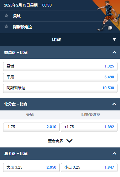 英超，曼城-阿斯顿维拉，平博的赔率和盘口
