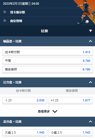 纽卡斯尔 VS 南安普顿,英国联赛杯的盘口和赔率