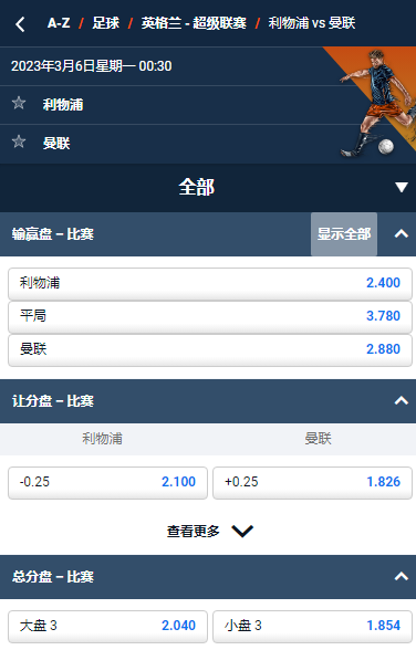 英超,利物浦 - 曼联,平博赔率和盘口