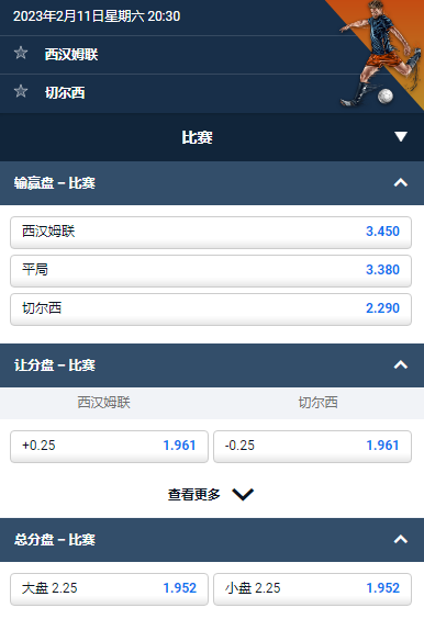 英超,西汉姆 VS 切尔西,平博给出的赔率和盘口
