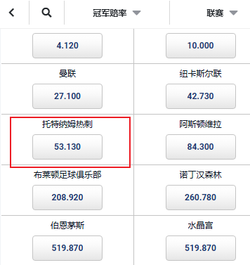 2025/26赛季热刺英超夺冠赔率-平博