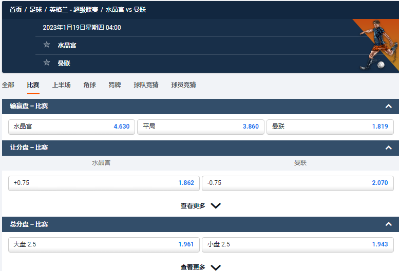 水晶宫 vs 曼联，英超的盘口和赔率，来自于平博(pinnacle)