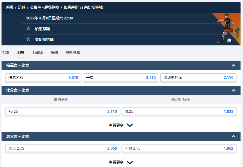 伯恩茅斯 vs 莱切斯特城,赔率和盘口,平博pinnacle