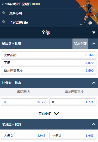 国王杯，奥萨苏纳 - 毕尔巴鄂竞技，平博的赔率和盘口