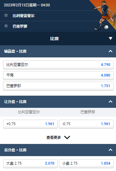 西甲，比利亚雷亚尔-巴塞罗那，平博的赔率和盘口