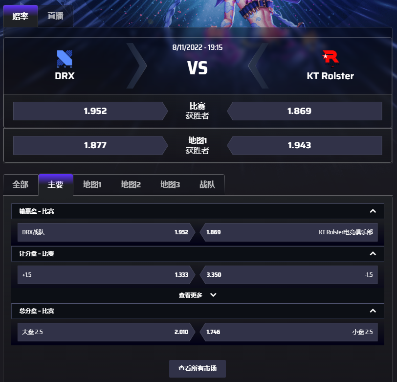 LCK夏季赛，DRX和KT Rolster对战的盘口赔率，平博电竞pinnacle