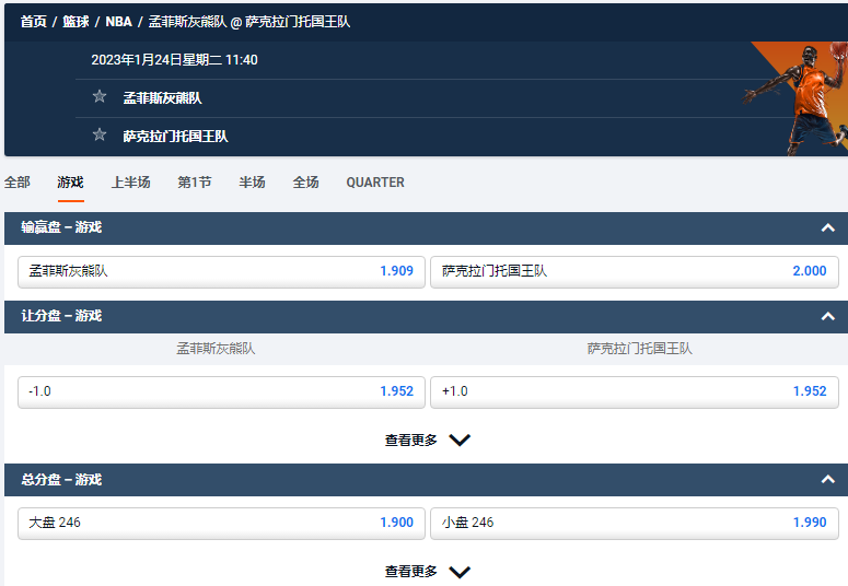 孟菲斯灰熊队 @ 萨克拉门托国王队，平博的NBA赔率和盘口