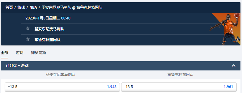 圣安东尼奥马刺队 @ 布鲁克林篮网队，平博的NBA盘口和赔率