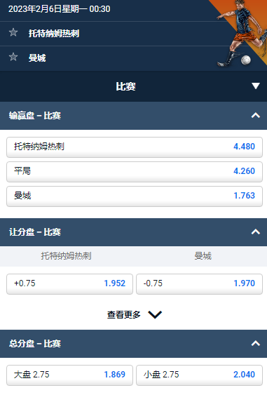 英超，热刺 vs 曼城，平博给出的赔率和盘口