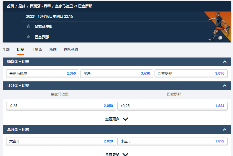 皇家马德里 vs 巴塞罗那，平博pinnacle的盘口和赔率