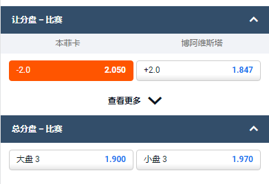 平博，本菲卡让分-2.0，赔率为2.05