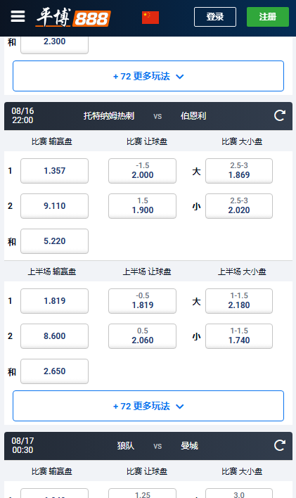 英超揭幕战,平博赔率和盘口