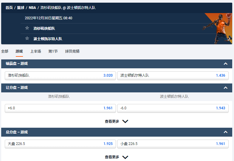 洛杉矶快船队 VS 波士顿凯尔特人队，平博的赔率和盘口数据
