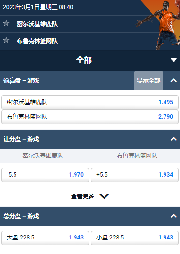 布鲁克林篮网 - 密尔沃基雄鹿,平博的NBA赔率和盘口