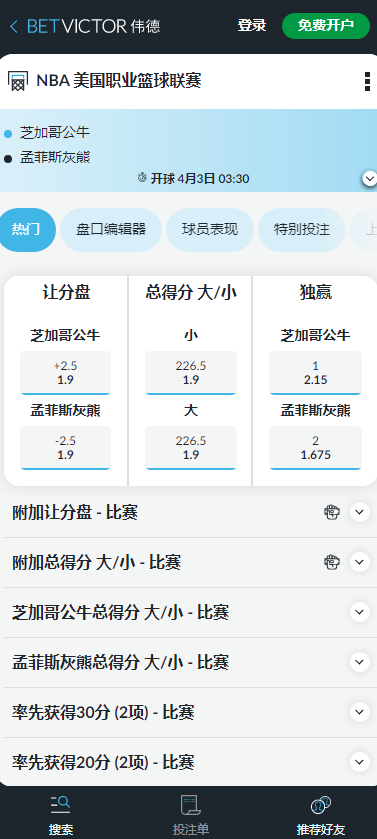 芝加哥公牛-孟菲斯灰熊，伟德赔率盘口