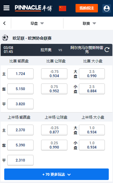 欧洲协会联赛，拉齐奥 - 阿尔克马尔，平博赔率盘口