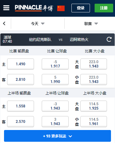 纽约尼克斯 对 迈阿密热火,平博的赔率和盘口