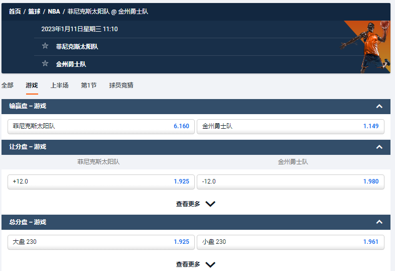 菲尼克斯太阳队 @ 金州勇士队，平博的NBA盘口和赔率