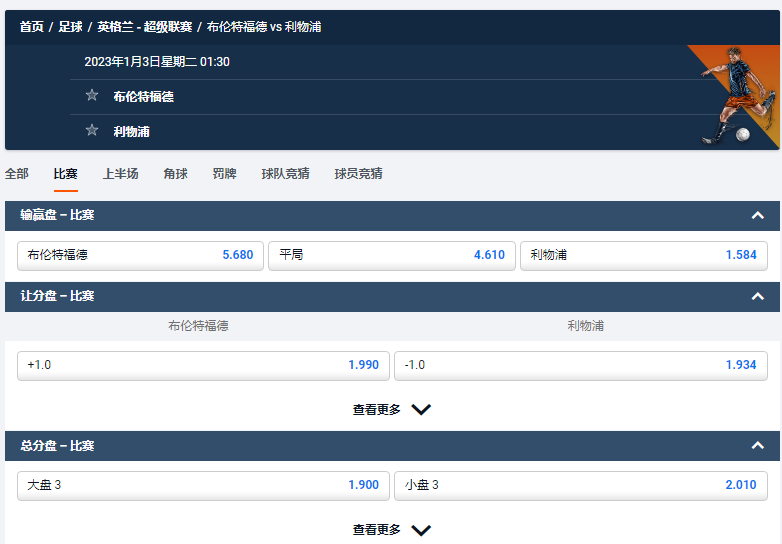 布伦特福德 vs 利物浦，平博(pinnacle)的英超赔率盘口数据