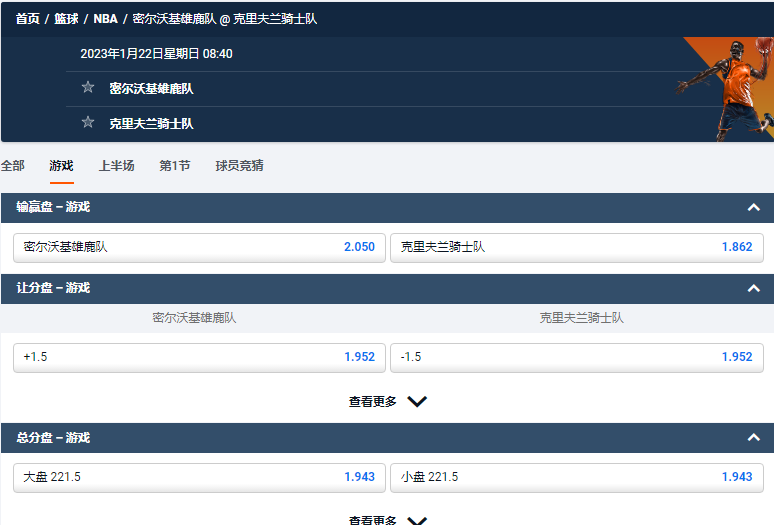 密尔沃基雄鹿队@克里夫兰骑士队,平博的NBA盘口和赔率