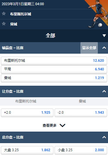 足总杯，布里斯托尔城 - 曼城，平博的赔率和盘口