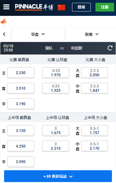 英超，狼队-利兹联，平博赔率和盘口