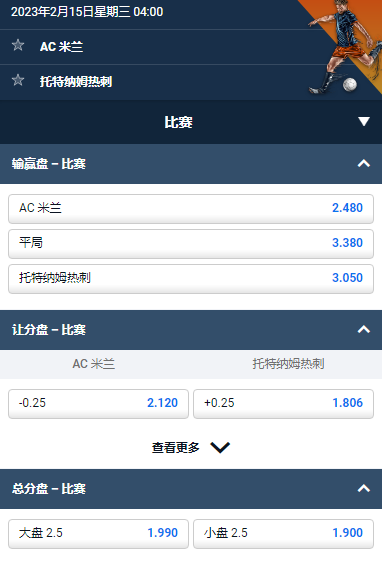 欧冠，AC 米兰 v 热刺，平博的赔率和盘口