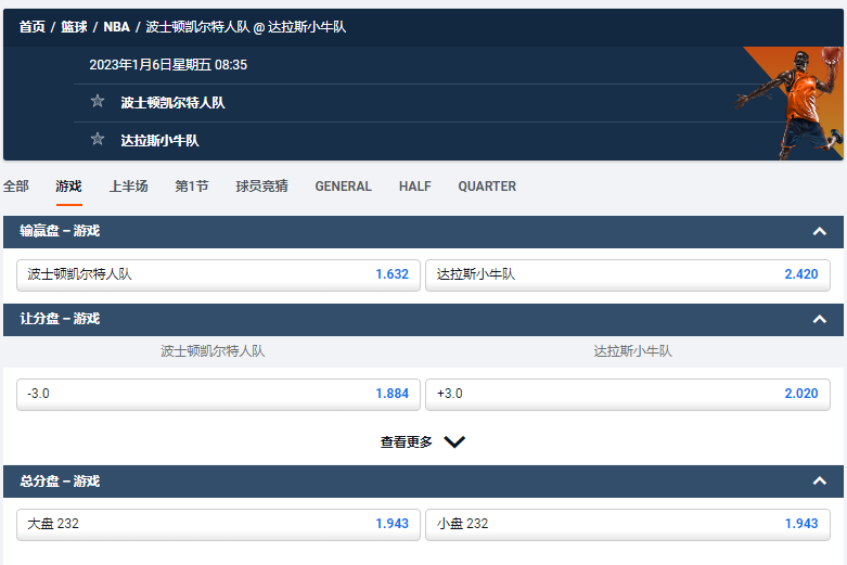 波士顿凯尔特人队 VS 达拉斯小牛队，平博给出的NBA盘口和赔率