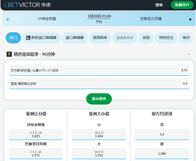 沙特利雅得 vs 巴黎圣日尔曼，伟德给出的赔率和盘口数据