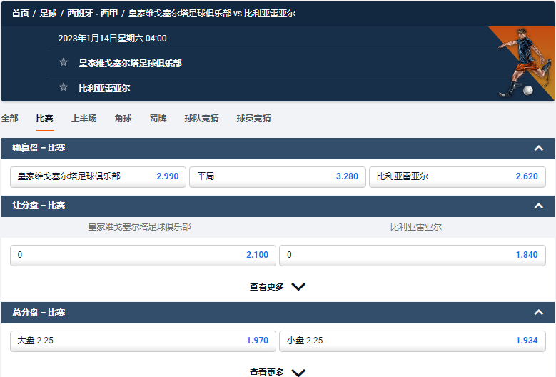 皇家维戈塞尔塔足球俱乐部 vs 比利亚雷亚尔，平博给出的西甲盘口和赔率