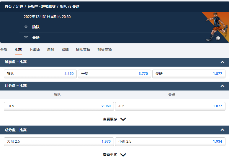 狼队 vs 曼联，赔率盘口数据由平博(pinnacle)提供