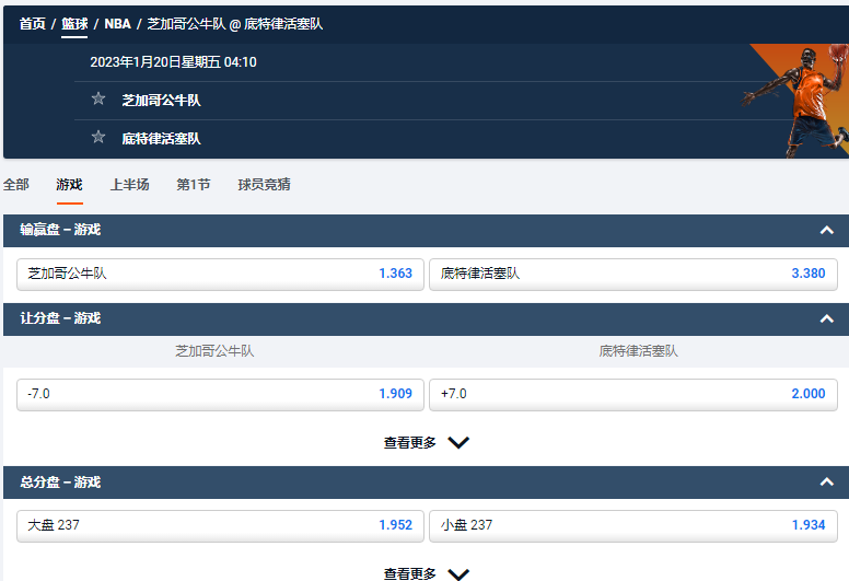 芝加哥公牛队 @ 底特律活塞队，平博给出的赔率和盘口