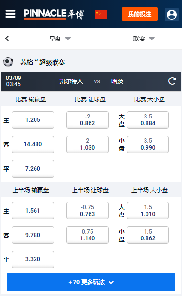 苏格兰超,凯尔特人 - 哈茨,平博赔率和盘口