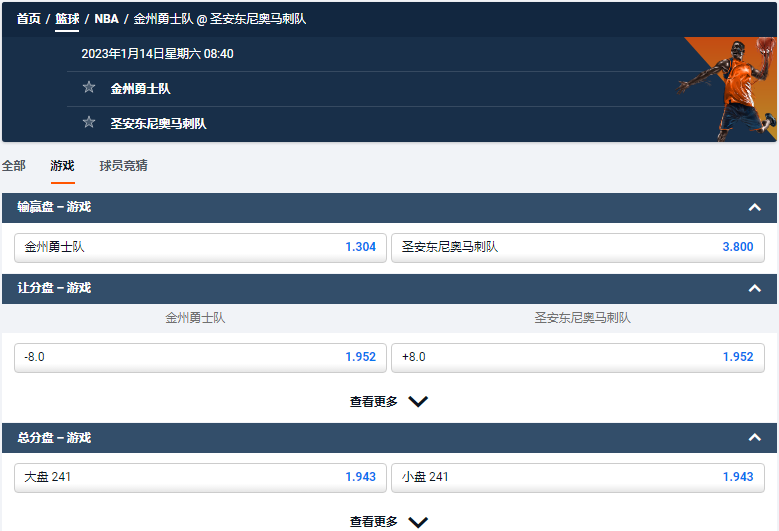 金州勇士 VS 圣安东尼奥马刺，平博的NBA盘口和赔率