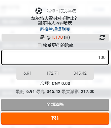 苏格兰超,凯尔特人,零封对手获胜赔率位2.17