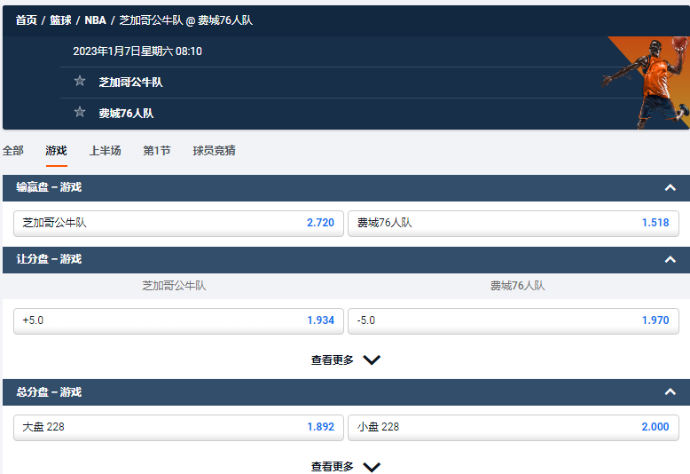芝加哥公牛队 @ 费城76人队，来自平博的NBA赔率和盘口