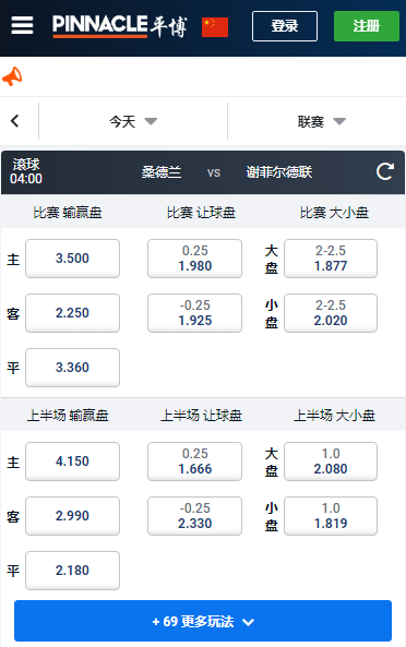 英冠,桑德兰-谢菲尔德联,平博赔率和盘口