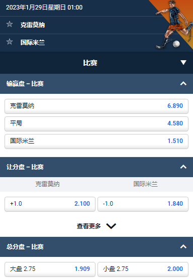 克雷莫纳 vs 国际米兰,平博的意甲赔率和盘口